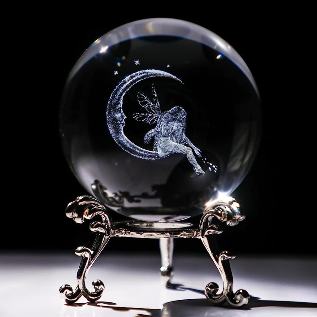 HASTHIP 8cm/3.15inch 3D Moon & Fairy Crystal Ball, Glass Sphere Laser Engraved Ball with Sliver-Plated Flowering Stand, Christmas Home Decor Desk Ornament Birthday Gift Festival Gift HASTHIP 8cm/3.15inch 3D Moon & Fairy Crystal Ball, Glass Sphere Laser Engraved Ball with Sliver-Plated Flowering Stand, Christmas Home Decor Desk Ornament Birthday Gift Festival Gift